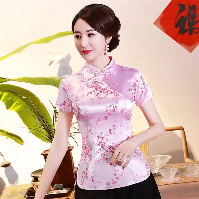 Vintage Flower Women Chinese Traditional Satin Blouse Summer Sexy Shirt Novelty Dragon Clothing Tops Plus Size 3XL 4XL WS009 Pink Flower