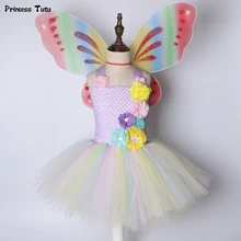 Пастельная сказочная балетная пачка; платье-пачка с крыльями; детское платье с цветами для дня рождения для девочек; детское платье принцессы для костюмированной вечеринки; костюмы на Хэллоуин
