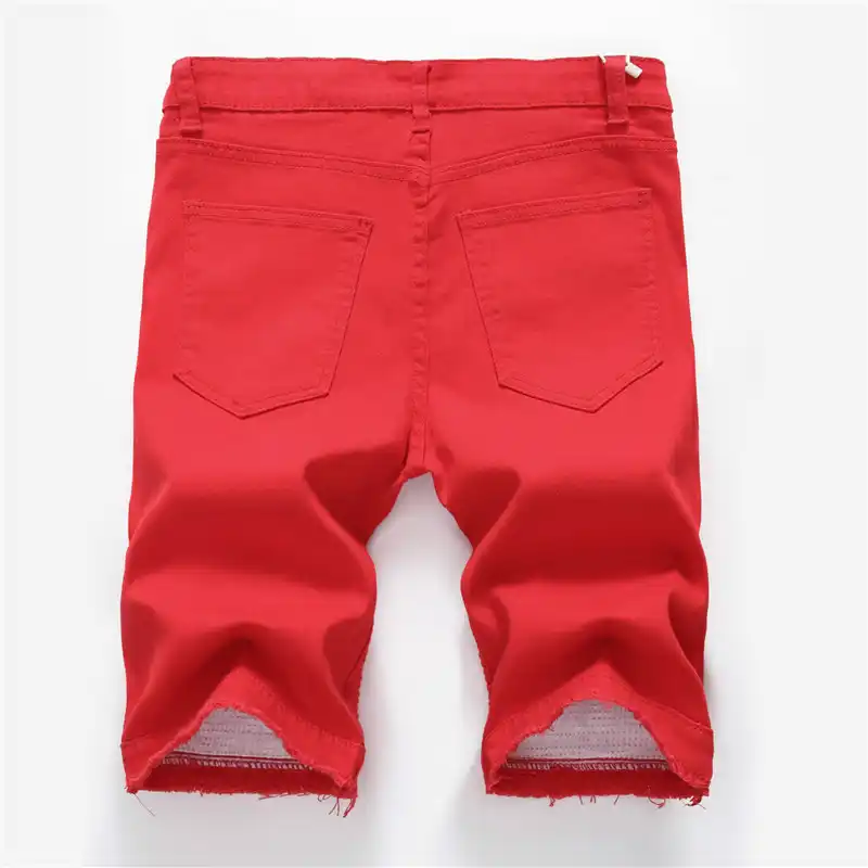 red distressed jean shorts