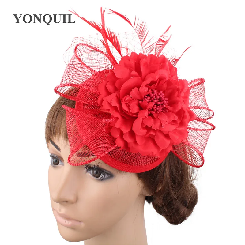

red sinamay hat silk flower birdcage veils fascinator headwear elegant bridal hair accessory occasion hairclip Multicolor select