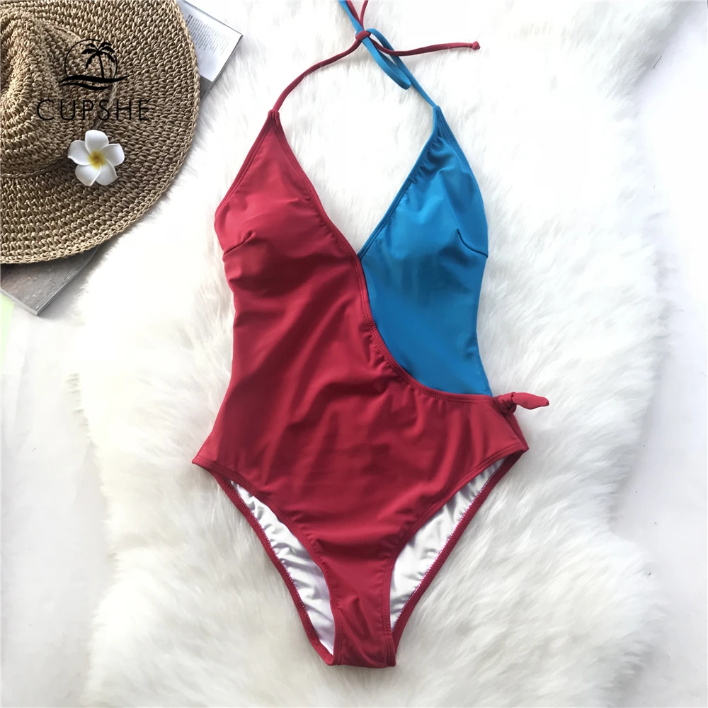 CUPSHE Red Blue Patchwork Halter One piece Swimsuit Women Deep V neck