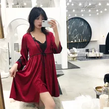 Атласное шелковое ночное белье халат+ ночная рубашка пижамы Горячие Ночная рубашка вышивка pijimas для женщин леди