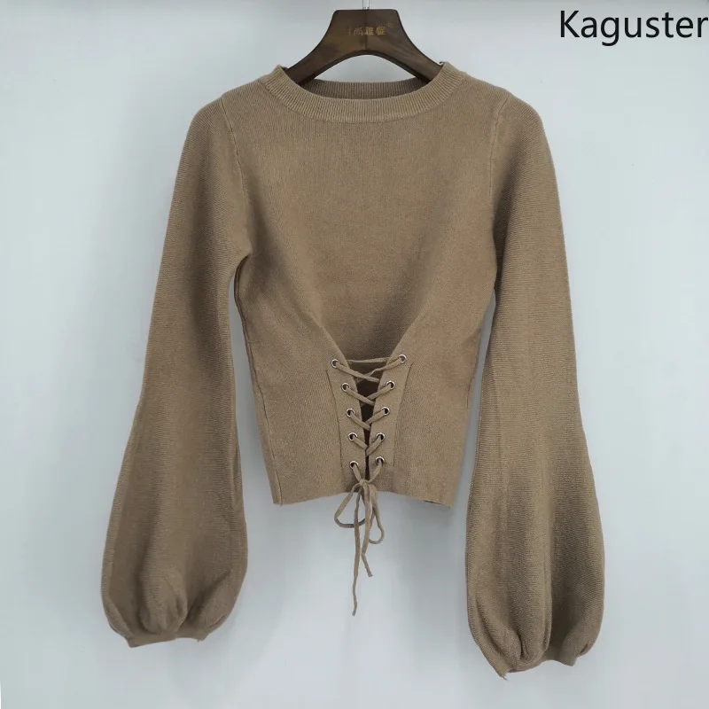 

Kaguster New Fashion Fall Winter Knitted O-Neck Office Lady Rope lacing sweaters Lantern Sleeve Clothes Women Men sweet Pullover
