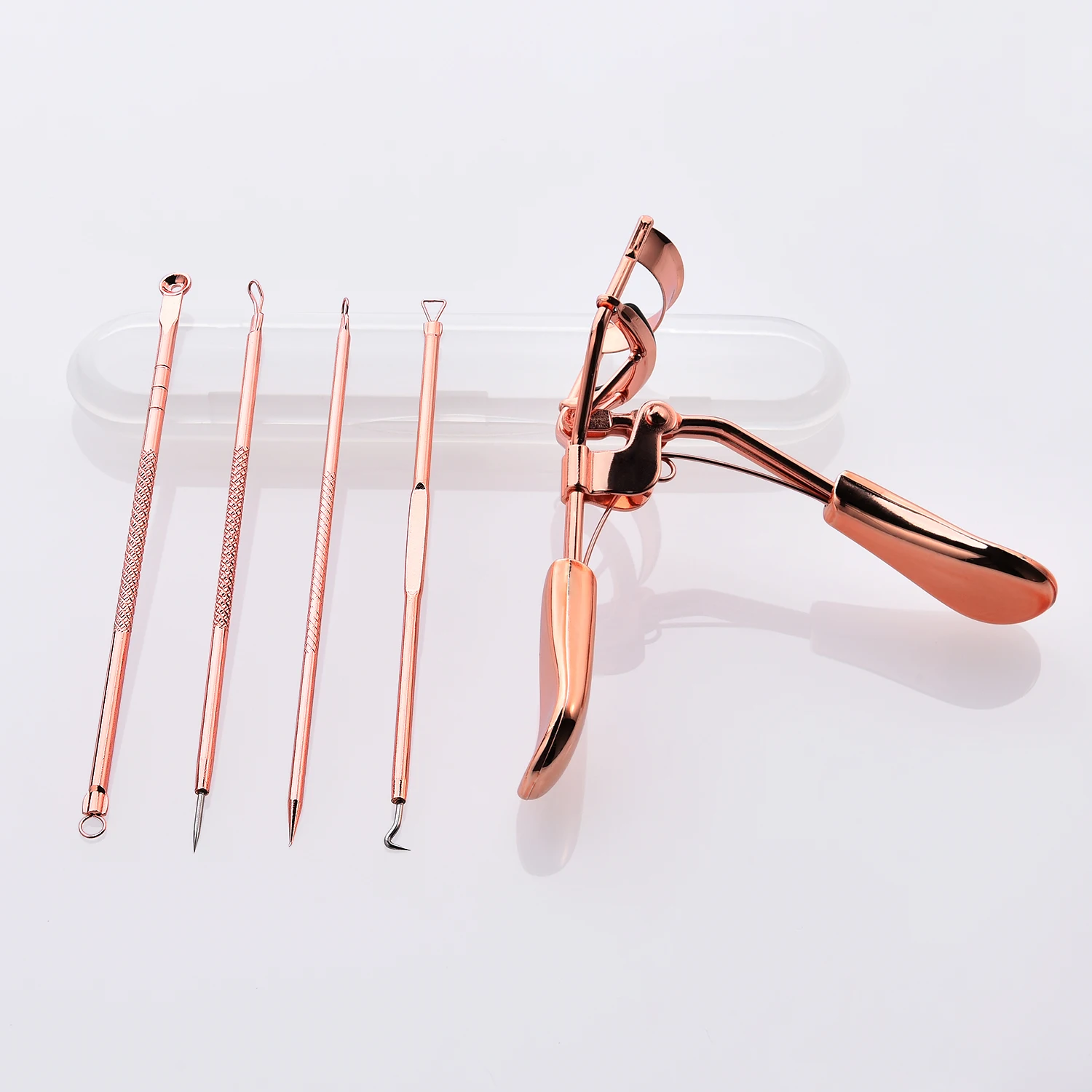 

4Pcs Acne Blackhead Removal Needles+1Pc Eyelash Curler Tools Pimple Spot Comedone Extractor Beauty Face Clean Care Rose Gold Kit