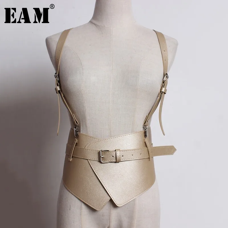 

[EAM] 2019 New Spring Autumn Black Pu Leather Buckle Split Joint Irregular Personnality Belt Women All-match Fashion Tide JL363