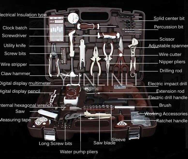 Набор твердого инструмента с электрической дрелью, ремонтный набор инструментов электрика, многофункциональный бытовой набор инструментов - Цвет: E122