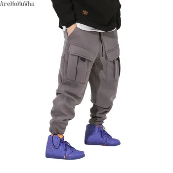

AreMoMuWha Winter Europe and America Street Loose Solid Color Stitching Multi-pocket Tooling Casual Pants Tide Brand Plus Velvet