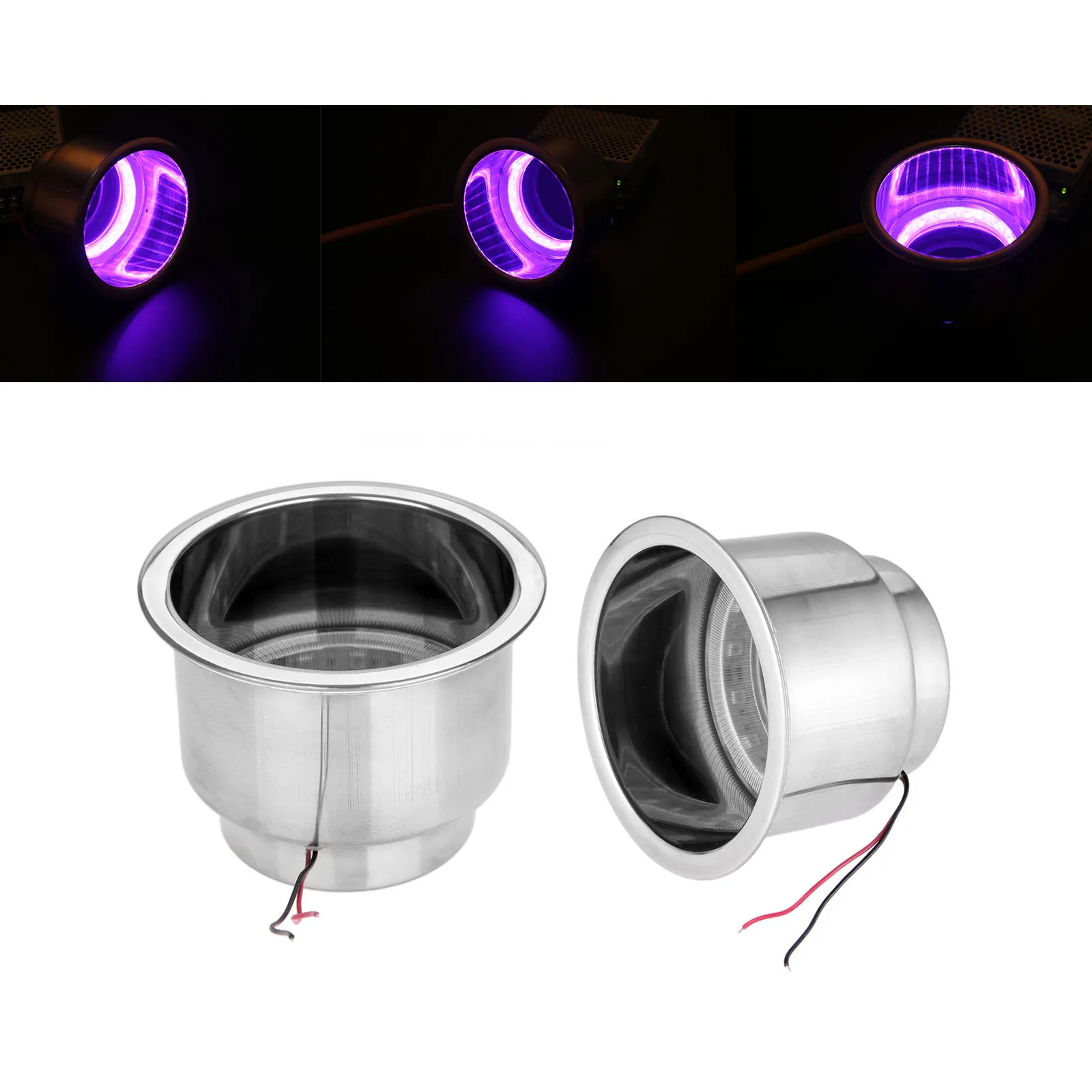 2Pcs 12V 16 LED Purple Light Recessed Stainless Steel Cup Drink Holder Silver Cup For Marine Boat Car Truck Camper Accessories