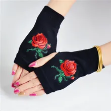 Зимние женские перчатки, вязаные, с принтом розы, перчатки на пол пальца для девочек, без пальцев, Женские варежки, студенческий тип, Gants Femme