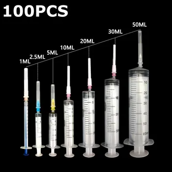 

100PCS X 1ML-50ML Plastic Hydroponics Disposable Measuring Pet Food Nutrient Syringe with Needle for Puppy Dog Drinking Tortoise
