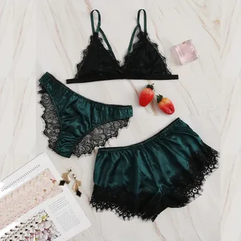 

Women Sexy Lingerie Lace Bra Stain Briefs Underwear Pajamas Set Green Sleepwear Shorts Set Women Sexy Robe Nighties Sleepwear
