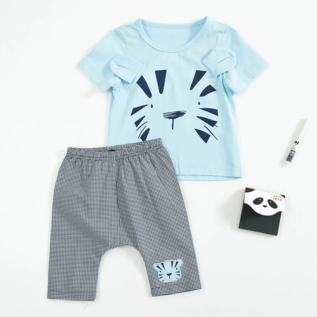 Boy summer suit Infant Baby Kid Cartoon Printed 3D Ears T Shirt Tops+Pants Outfits Set children clothes #06 |