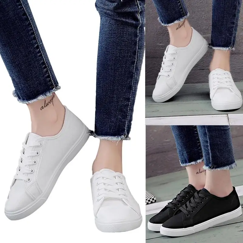 

1Pair New Spring Summer White Shoes Women Flat Leather Canvas Shoes Female White Board Shoes Casual Shoes Female