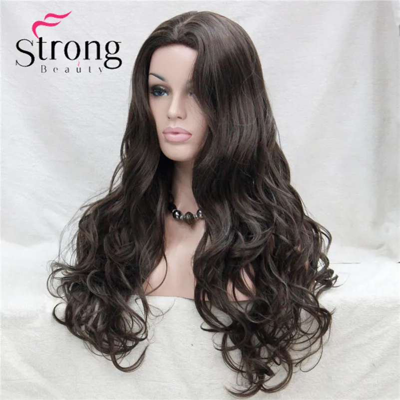 E-233 #8 new fashion sexy no bangs skin top 26 medium brown long wavy synthetic full wig (3)