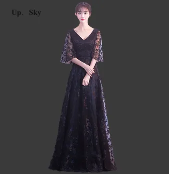 2018 Lace V-neck dress floor length wedding party dress elegant retro bridesmaid dress 2018 Lace V-neck dress floor length wedding party dress elegant retro bridesmaid dress