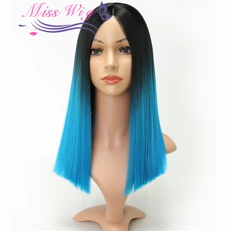 

MISSWIG Lace Front wig 20Inch Long Straight Blue Color Synthetic Wigs For Women High Temperature Fiber Lace Handmade Natural