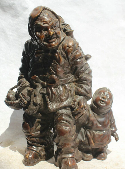 

JP S62 12" China Chinese Bronze stand elder geezer old man with Tong Zi Boy Lad Statue