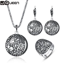 Luxury Vintage Silver Color Turkey Crystal Round Ring Earring And Pendant Necklace For Women Gift