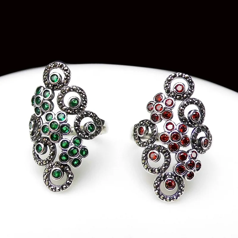 

FNJ 925 Silver Flower Ring New Fashion Red Green Zircon Original S925 Sterling Silver Rings for Women Jewelry Adjustable Size