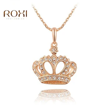 ROXI Long Women Necklace Charms Crown Queen Crystal Necklaces Cute Chain Rose Gold Pandent bijoux femme Jewelry for Women