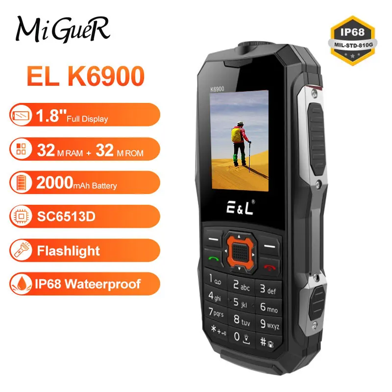 E& L EL K6900 IP68 водонепроницаемый ударопрочный мобильный телефон клавиатура большой фонарик кнопочный 2G GSM разблокированный дешевый телефон