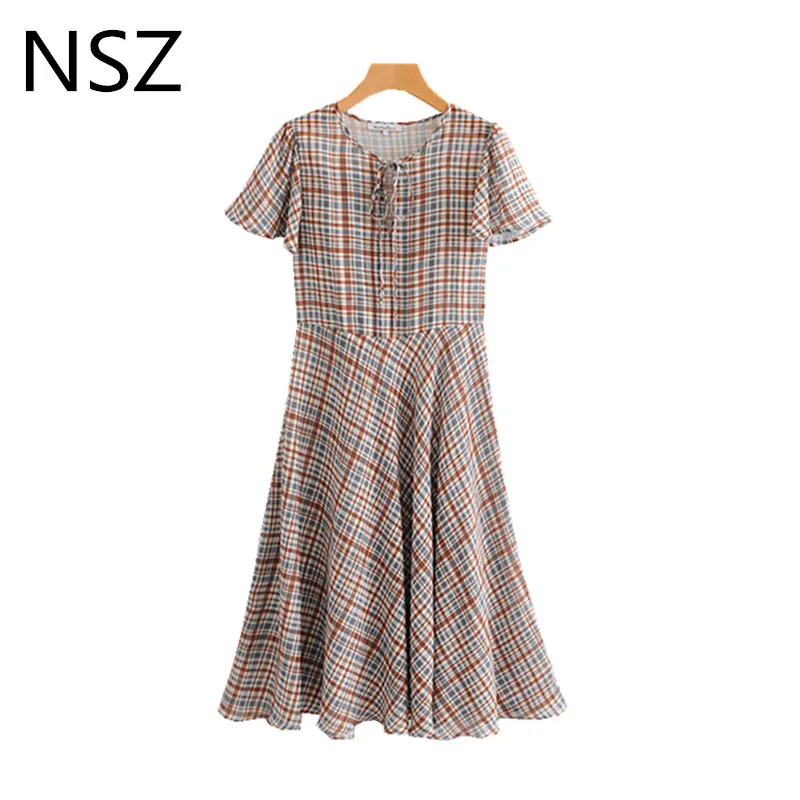 

NSZ Women Houndstooth Maxi Dress Short Sleeve Plaid Midi Dress Round Collar A-Line Summer Dress