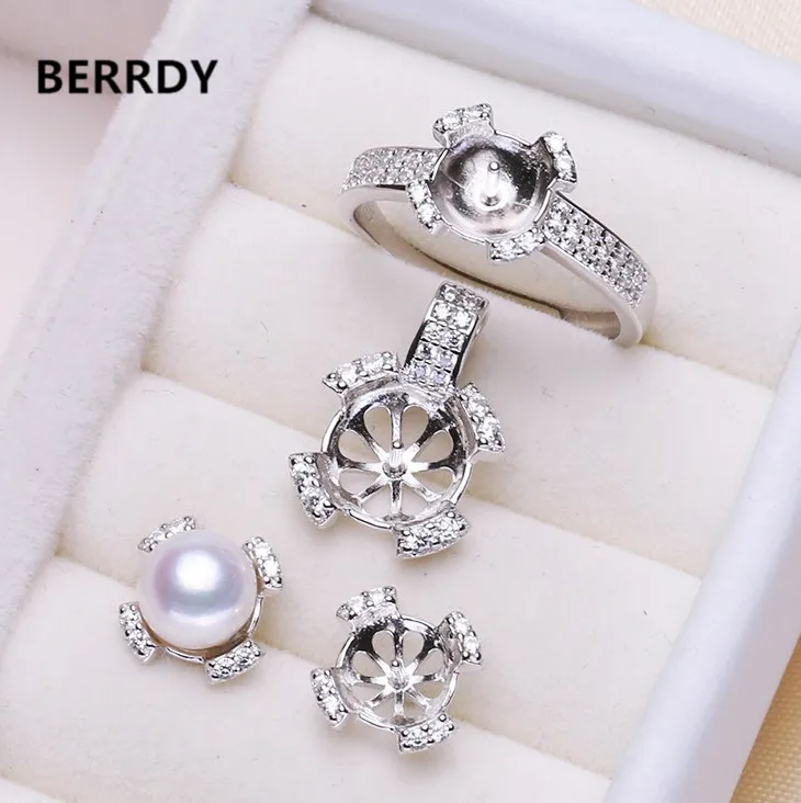 925 STERLING SILVER Pearl Jewelry Set Settings Earrings Ring Pendant Mountings Women's Findings