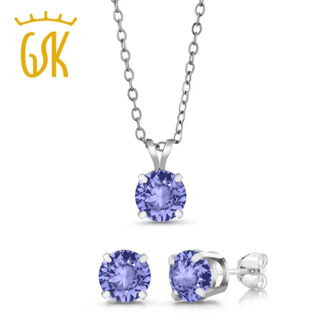 Gemstoneking 2 40 Ct Round 6mm Blue Tanzanite Aaa 925 Silver Stud Gemstoneking 2 40 Ct Round 6mm Blue Tanzanite Aaa 925 Silver Stud Pendant Earrings Set Purple Necklace