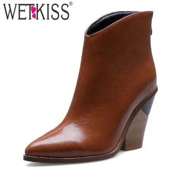 

WETKISS Snake Skin Western Boots Women Cowboy Booties High Heels Wood Shoes Female Pointed Toe Shoes Ladies Winter Plus Size 44
