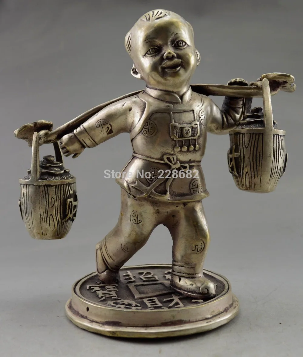 

Metal Crafts Collectible Decorate Old Tibet Silver Child Carry Bucket Bring Money Coin Statue fast Shipping
