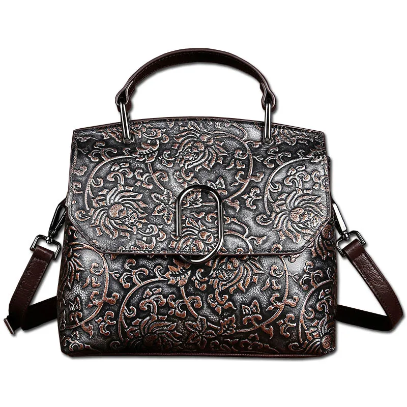 

Brand Vintage Shell Flower Engraved Handbag Women's Leather Handle Pack Ladies Cross Body Shoulder Messenger Bag Luxury Fashion