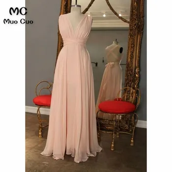 

Elegant 2018 Nude Pink Prom Dresses Long Sleeveless V-Neck Vestido Longo Criss Cross Formal Evening Party Dress for Women