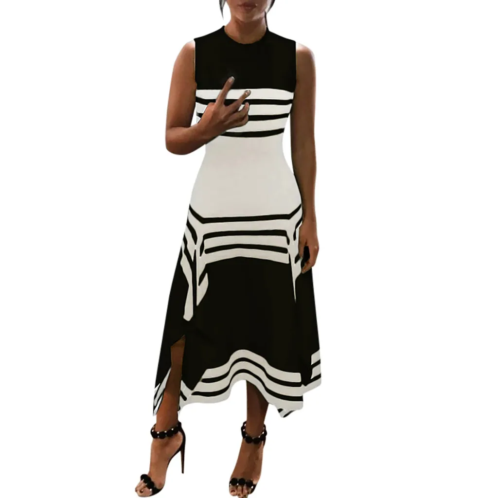 

Summer Dress Women 2019 Stripe Printed Sleeveless O Neck Split Midi Dress Loose Woman Dress Elegant Evening Dames Jurken