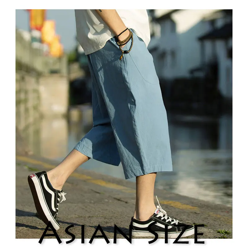 Sinicism Store, летняя мужская уличная одежда, одноцветные шаровары, хлопок, лен, штаны для бега, мужские спортивные штаны Harajuku, повседневные Широкие штаны - Цвет: Blue(Asian Size)