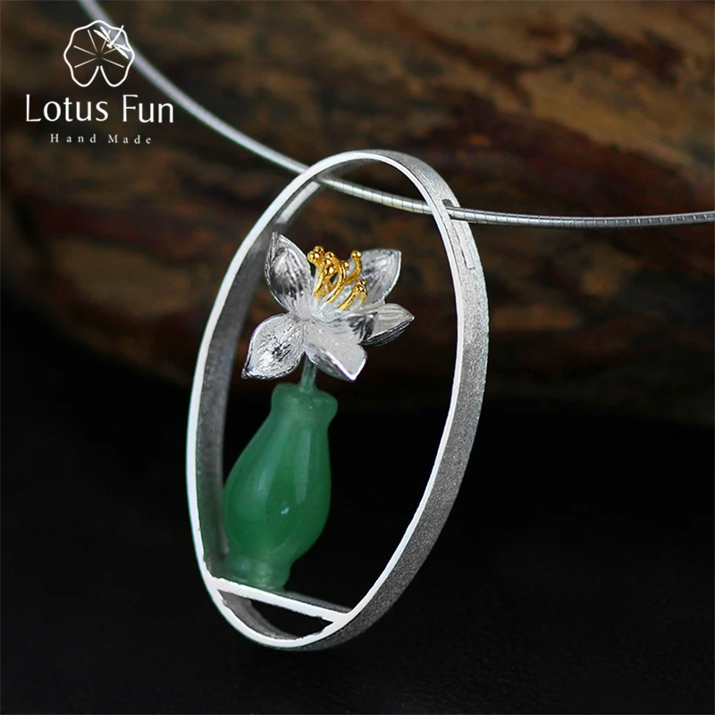 Lotus Fun Real 925 Sterling Silver Natural Aventurine Handmade Fine Jewelry Lotus Whispers Vase Pendant without Necklace Women afbeelding