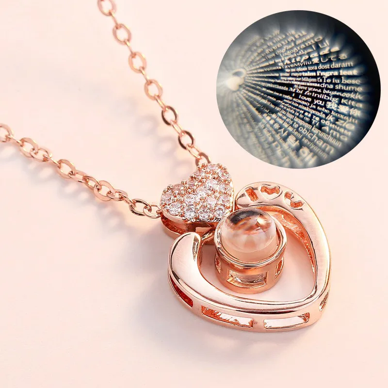 

Luxury Brand Women Necklace 100 Languages I Love You Valentine's Day Present Memory Projection Ladies Link Chain Necklace Gift