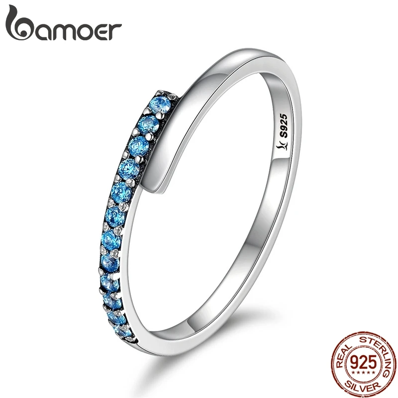 

BAMOER Genuine 100% 925 Sterling Silver Geometric Melody Blue Sparking CZ Finger Rings for Women Sterling Silver Jewelry SCR099