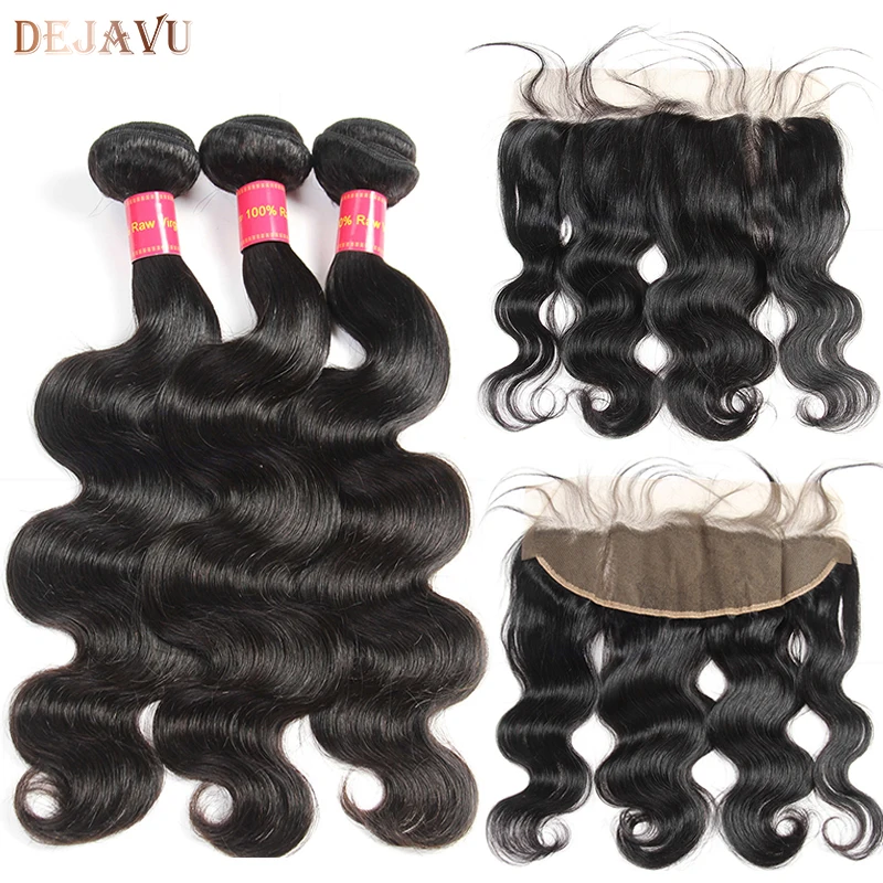 Brazilian Body Wave 3 Bundles With Frontal Closure Human Hair Weave Bundles Deals With Lace Frontal Closure Dejavu Hair Non Remy