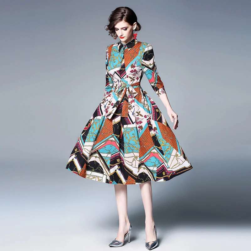 

Robe Femme 2019 Summer Runway Chain Flower Printed Shirt Dress Women Turn Down Collar Vintage Slim Midi Party Dress Vestido