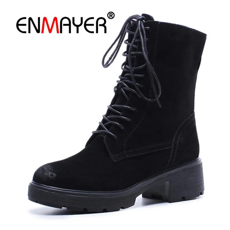 

ENMAYER Nubuck Leather Martin Boots Female Lace up Ankle Boots Ladies Warm Plush Winter Boots Women Booties Chunky Heels CR939