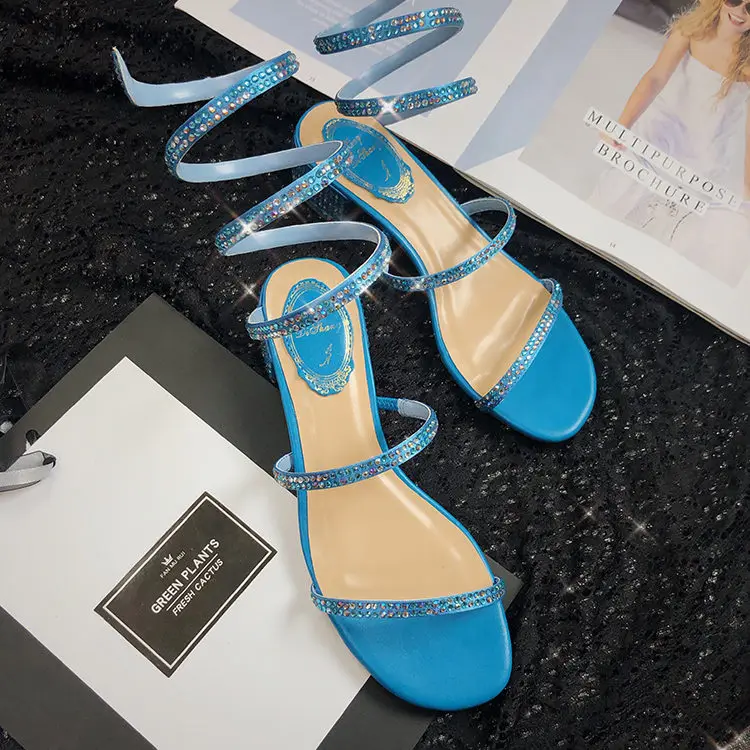 Летние женские сандалии модные, пикантные стразы на среднем квадратном каблуке со шнуровкой вечерние дышащая удобная женская прогулочная повседневная обувь - Цвет: Blue
