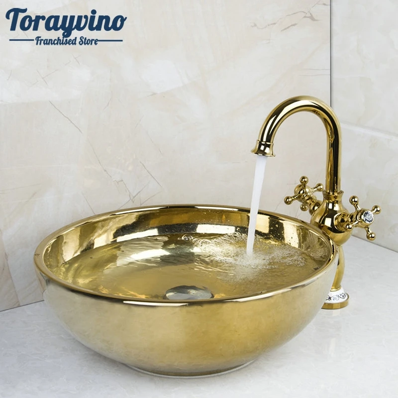Polished Golden Bowl Sinks / Vessel Basins With Waterfall Faucet Washbasin Ceramic Basin Sink