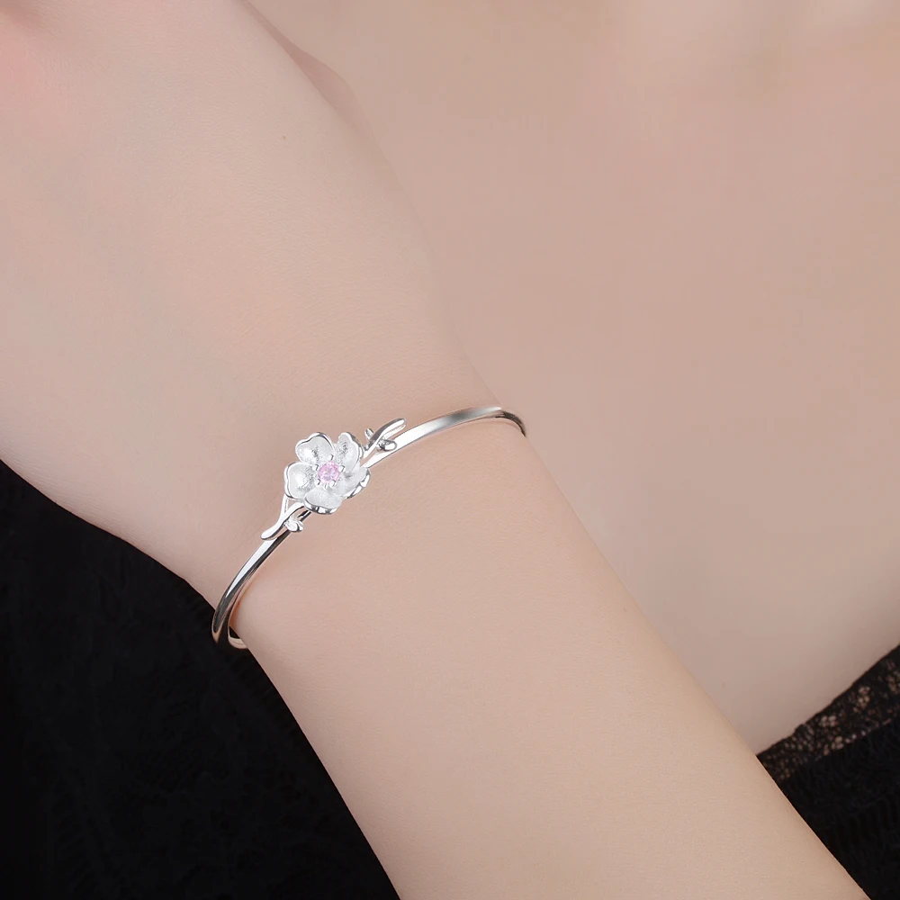Qevila New Fashion Bangles Adjustable Open Cuff Bracelets Bangles  AAA Zircon Crystal Flower Silver Bangles for Women Jewelry (12)