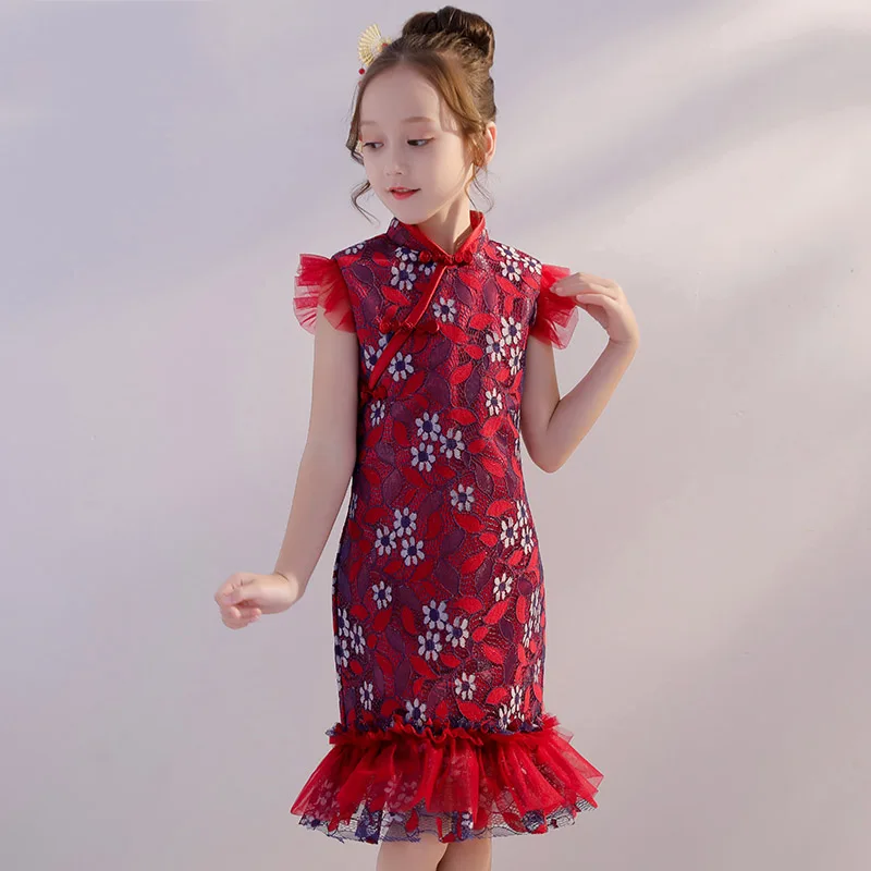 Русалка дети Праздничное платье День рождения платья Китайский Стиль для девочек в цветочек платья для свадьбы со стоячим воротником для девочек торжественное платье