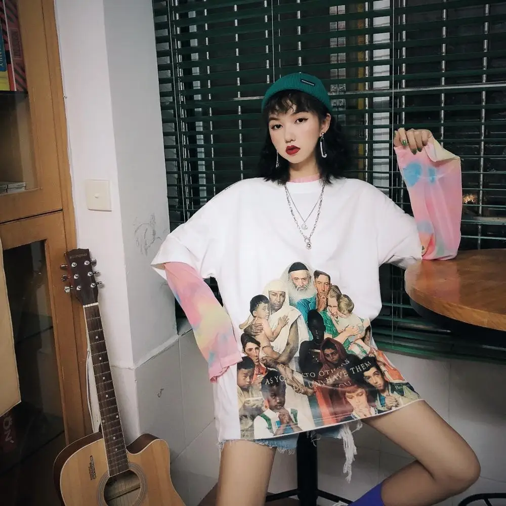 

Japanese Harajuku Cartoon Girl Heart Boy Fun Pink loose pig loose medium and long version of the T-shirt