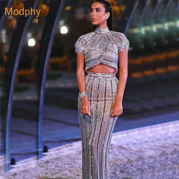 

New striped sequined ladies suit sexy short-sleeved beaded tassel top + high waist skirt 2 piece set runway party Bodycon dress