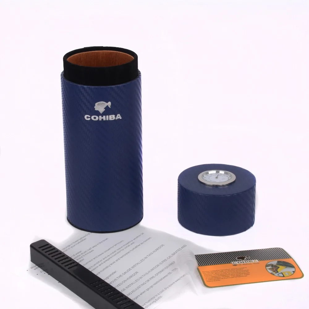 COHIBA Cigar Case Blue Carbon Fiber Cedar Wood Lined Tube Mini Travel