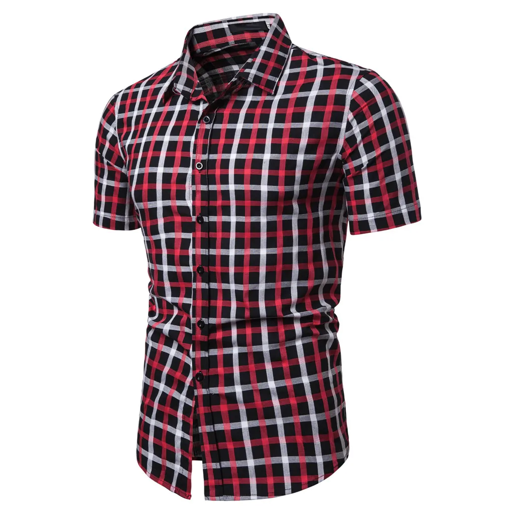 Черный Мужская рубашка в клетку camisa masculina, модель, летняя приталенная мужская клетчатая рубашка с коротким рукавом, трендовая Повседневная рубашка с отворотом - Цвет: Черный