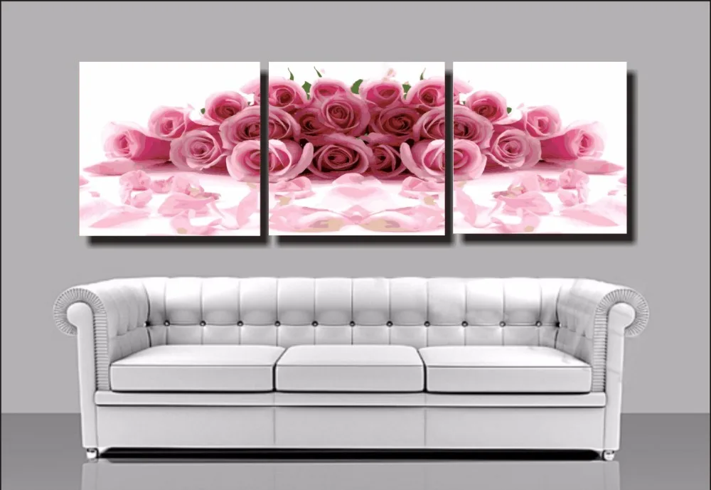 

3 piece Large Frameless Pink Roses Flowers Love DIY Painting By Numbers on Canvas Wall Picture by Hand Drawing by Numbers