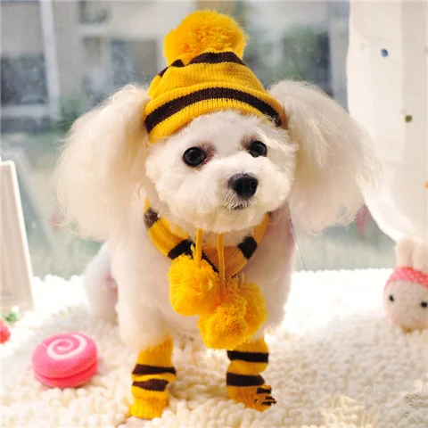 Winter Pet Puppy Accessories For Dogs Knitted Striped Hats Scarf